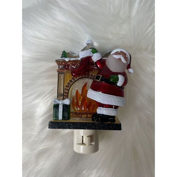 Santa Claus Hanging Stockings On The Fireplace Mantle Flickering Night Light - Picture 2 of 3